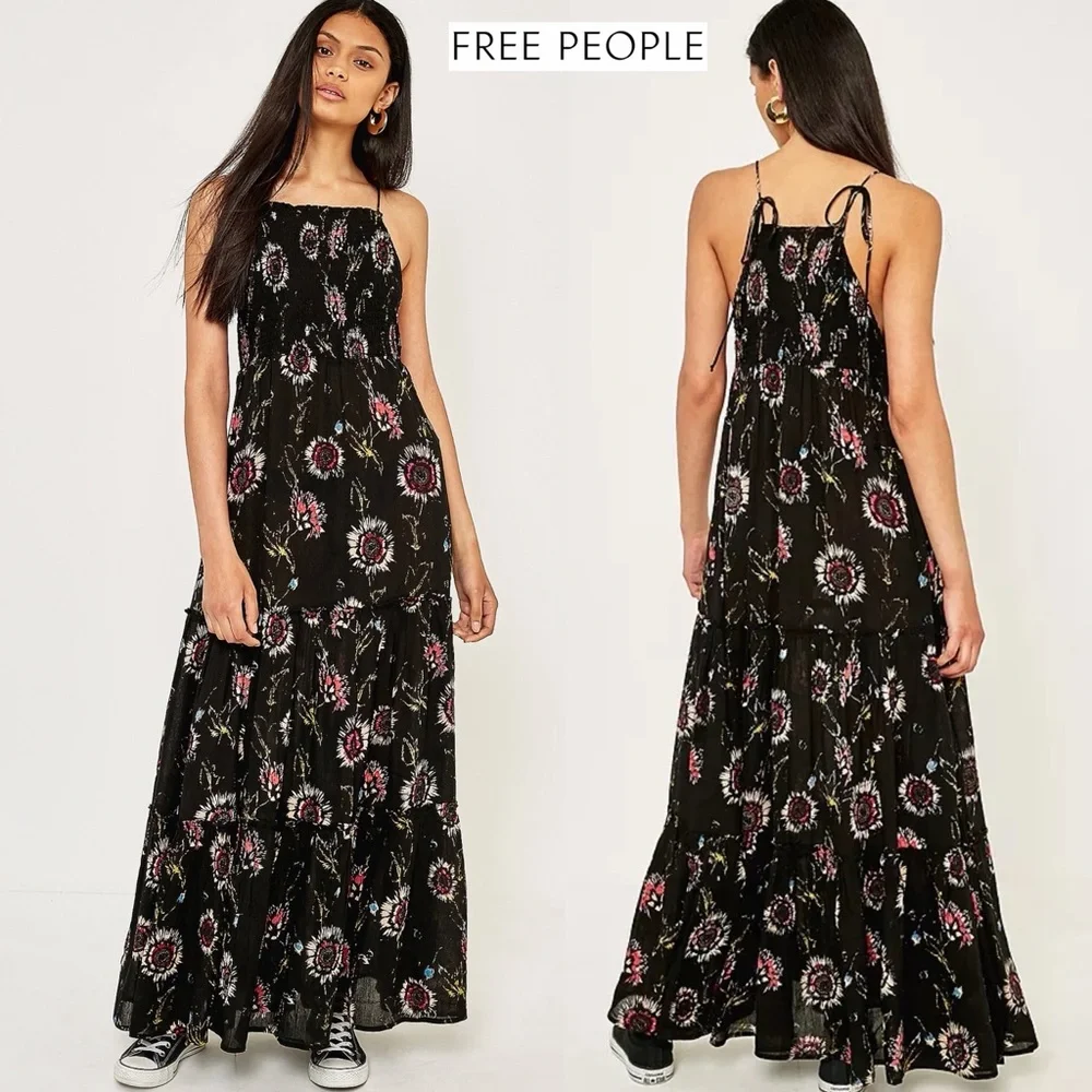 Free People Garden Party Floral Maxi Dress L Boho Smocked Tiered A-Line Romantic - Picture 3 of 16